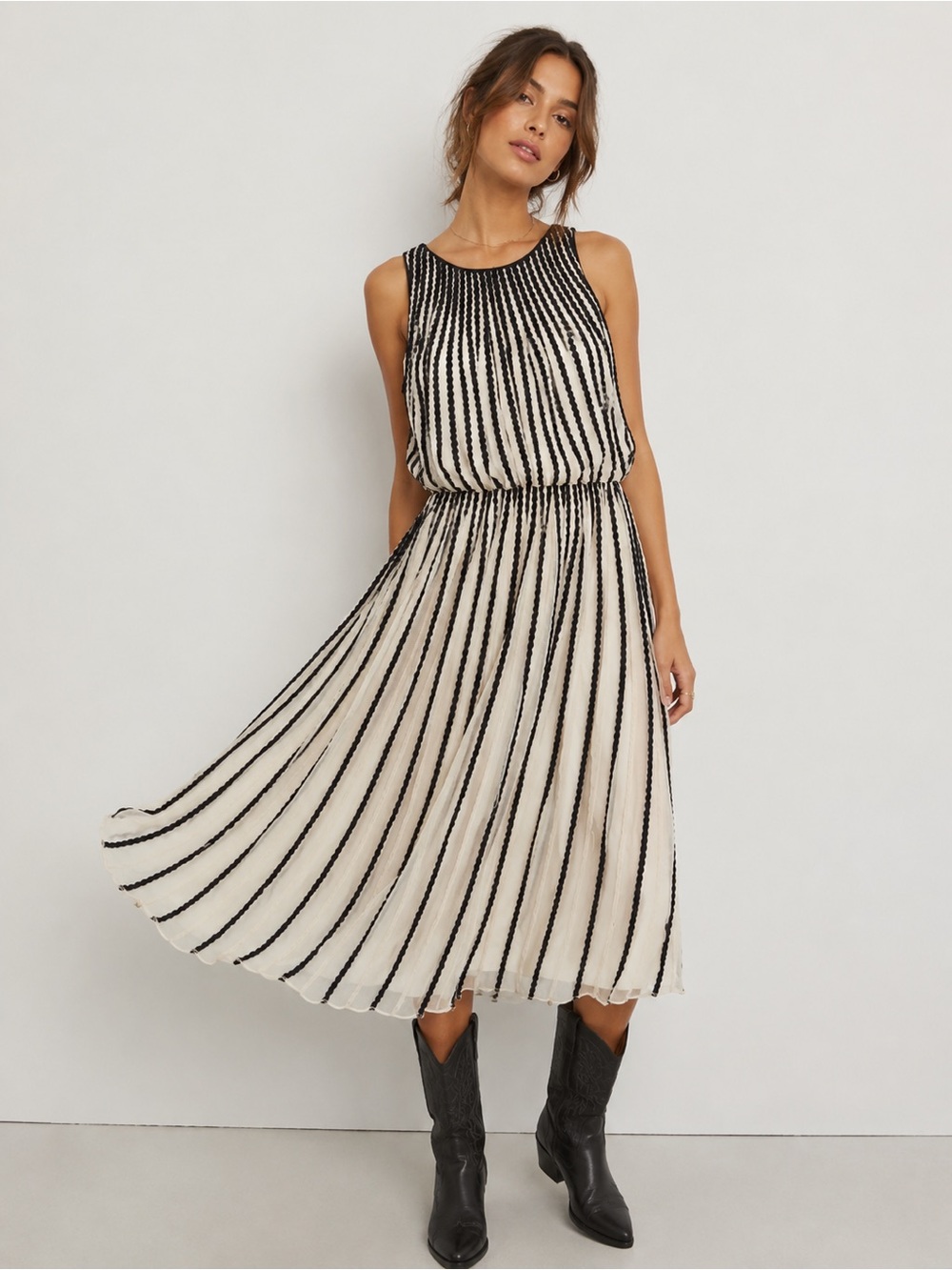 Anthropologie Geisha Designs NWT Ivory & Black Striped Midi Dress | Size 8